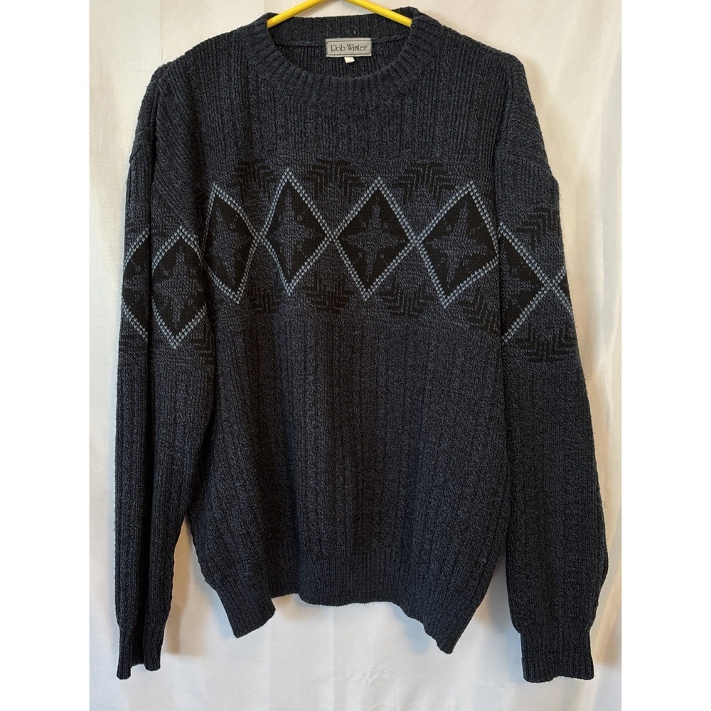 Men's Rob Winter Heathered Black/blue Argyle Sweater Acrylic Long Sleeve Y2k XL